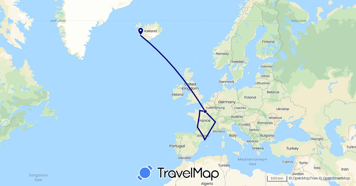 TravelMap itinerary: driving in Andorra, Switzerland, Spain, France, Iceland (Europe)